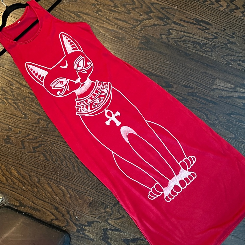 NEW-EGYPTIAN BASTET GODDESS MIDI/MAXI SLEEVELESS RED, CHARACTER PRINT in WHITE